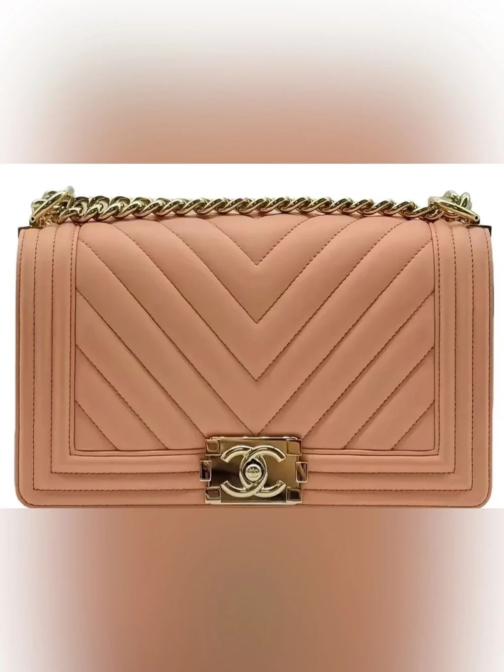 CHANEL Coral Pink Chevron Leather Shoulder Bag with Gold Hardware